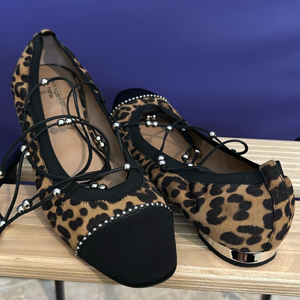 Aquazzura Firenze “Mystique” leopard print and beaded lace up flats Size 41 IT
